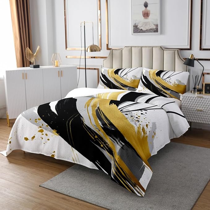 Erosebridal Black and White Golden Quilt Set Queen - Geometric Decorative Abstract Coverlet Set Striped Bedspreads for Boys Adults Girls Minimalists Graffiti Aesthetic Lines Bed Sets