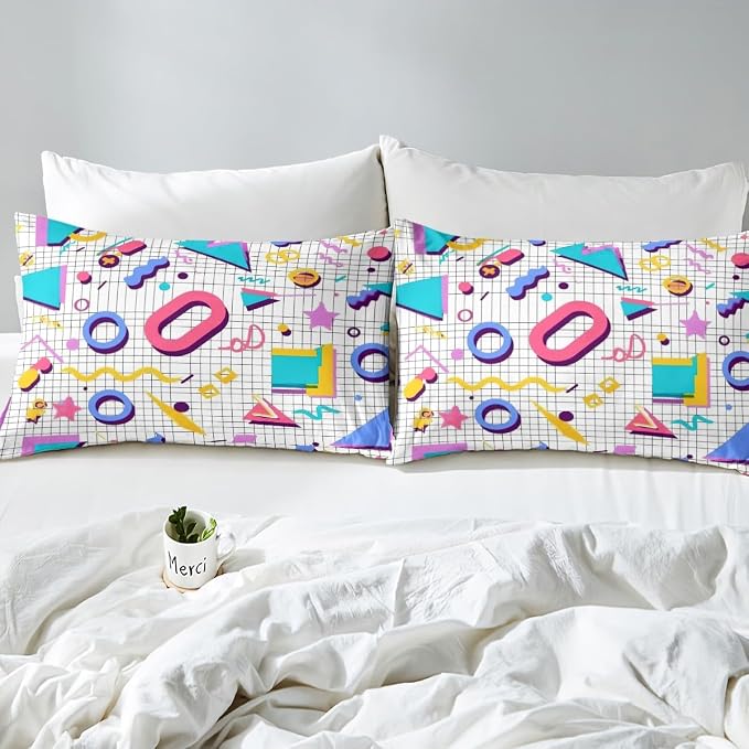 80s 90S Fashion Style Bedding Set Queen Size,Retro Memphis Style Pattern with Geometrical Shapes Duvet Cover for Kids Child,Funky Hipster Old Fashioned Comforter Cover Geometric Bedroom Decor