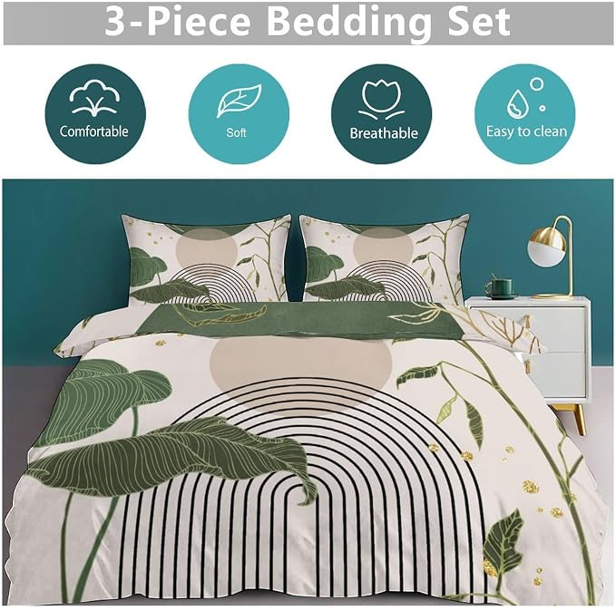 Boho Sage Green Comforter Set,Mid Century Tropical Plant Palm Leaves Abstract Minimalist Geometic Modern Bedding Set with Pillowcase for Bedroom Bed Decor,King 102"x90"