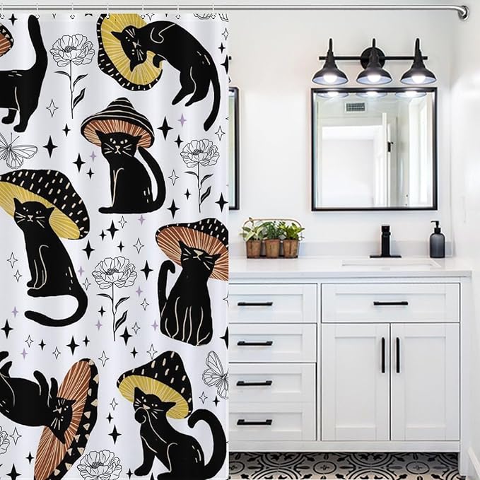 Cat Shower Curtain,Retro Funny Mushroom Star Floral Gothic Print Bathroom Curtain Polyester Waterproof Fabric Decor 72x72in（183x183cm）