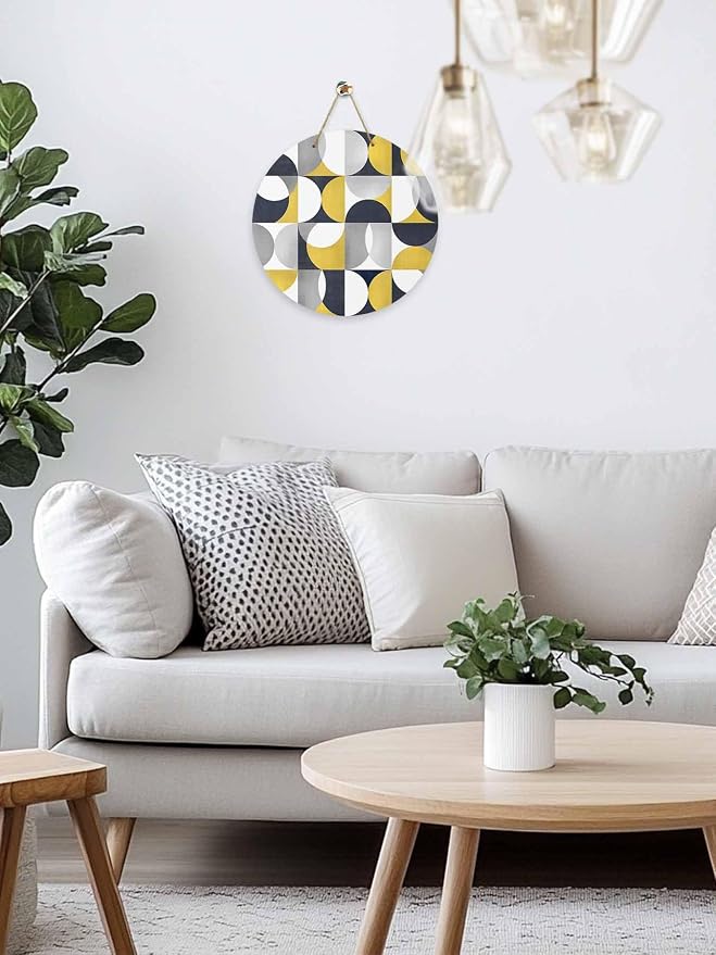 Welcome Sign for Front Door Mid Century Geometric Wood Door Hanger for Outdoor Outside Porch,12 Inch Round Wooden Wreath Indoor Wall Hanging Decoration, Abstract Modern Yellow