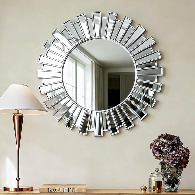 SHYFOY 23.6" Silver Sunburst Wall Mirror, Large Round Beveled Decorative Wall Mirror, Modern Art Deco Accent Mirror for Living Room, Bedroom, Entryway