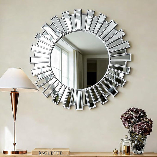 SHYFOY 23.6" Silver Sunburst Wall Mirror, Large Round Beveled Decorative Wall Mirror, Modern Art Deco Accent Mirror for Living Room, Bedroom, Entryway