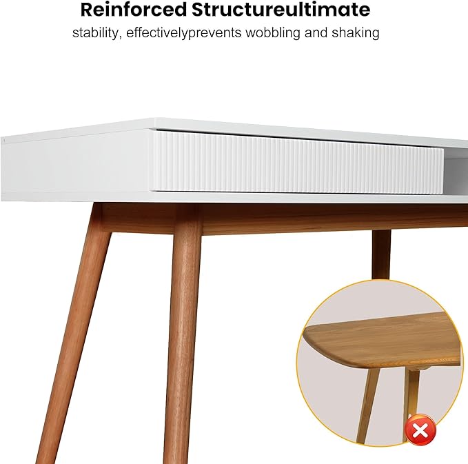 Artswish White Desk with Drawer, Mid Century Modern Writing Desk for Home Office, Small Computer Desk with Storage Shelf & Cable Management Hole, Wood Study Desk for Bedroom, Apartment, Dorm