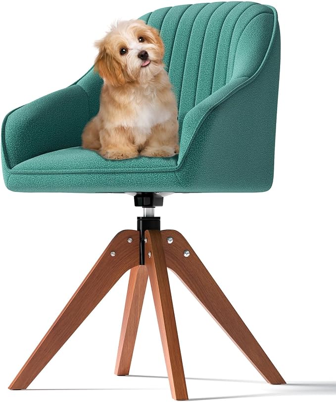 OS MOTOR Modern Swivel Accent Chair with Arms, Upholstered Desk Chair No Wheels, Mid-Century Fabric Armchair with Oak Wood Legs for Home Office, Bedroom, Vanity, Green