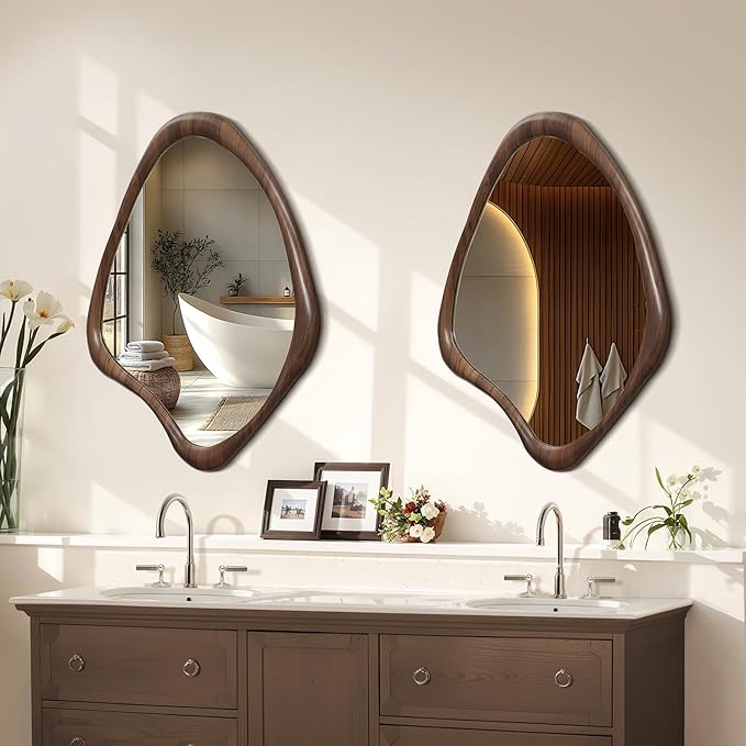 LuxenHome Asymmetrical Wall Mirror, 23"x 29" Classic Brown Irregular Mirror, Rustic Farmhouse Mirrors for Bathroom, Wall Mirrors Decorative for Bedroom Living Room Entryway Hall