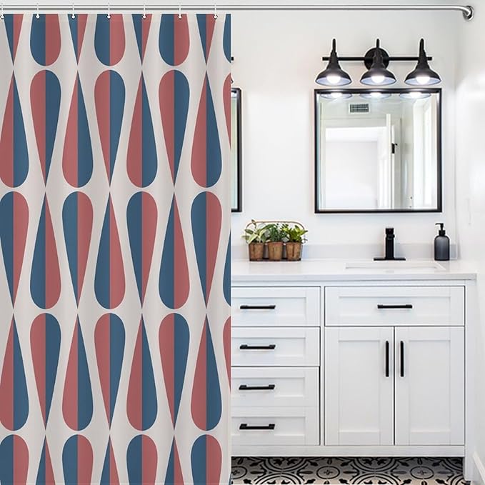 Mid Century Modern Shower Curtain,Retro Geometric Drop Shapes Art Style Shower Curtains Set for Bathroom Fabric Decorative Bath Curtain Washable Curtain Hooks, 72x72 in