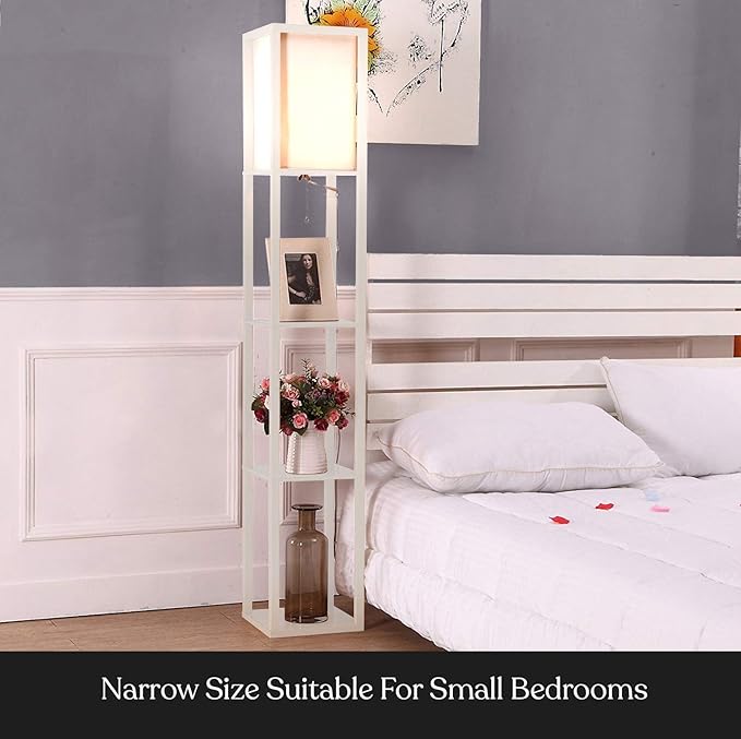Brightech Maxwell - Modern Shelf Floor Lamp with Lamp Shade & Warm White LED Bulb, Corner Display Floor Lamp with Shelves for Living Room, Bedroom, Nightstand Office, Home Decor Storage - White