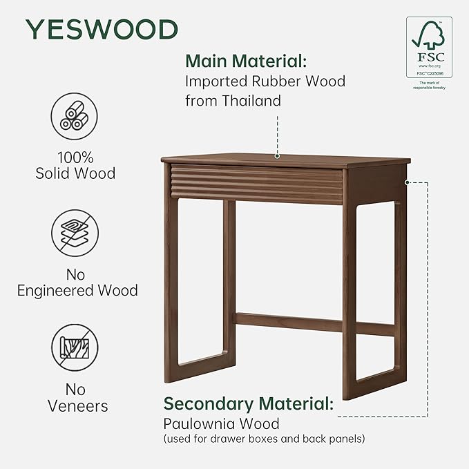 YESWOOD Solid Wood Desk, Walnut Finish Small Writing Desk, Home Office Desk, Computer Desk with 2 Drawers for Small Spaces Study Room Office Bedroom Work 27.55" W
