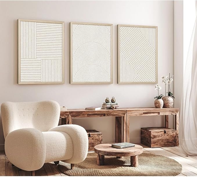 Beige Abstract Wall Art Pictures Set of 3 Boho Modern Canvas Wall Decor Neutral Line Wall Art Minimalist Art Abstract Beige Prints Painting Modern Artwork for Living Room Bedroom 16x24 Inch FRAMED