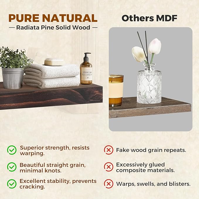 Floating Wall Shelves 24x6.8x1.7 Inch – Solid Wood Rustic Shelves in Walnut Finish – Wall Mounted Display Shelf for Bathroom, Kitchen, Bedroom – Set of 2
