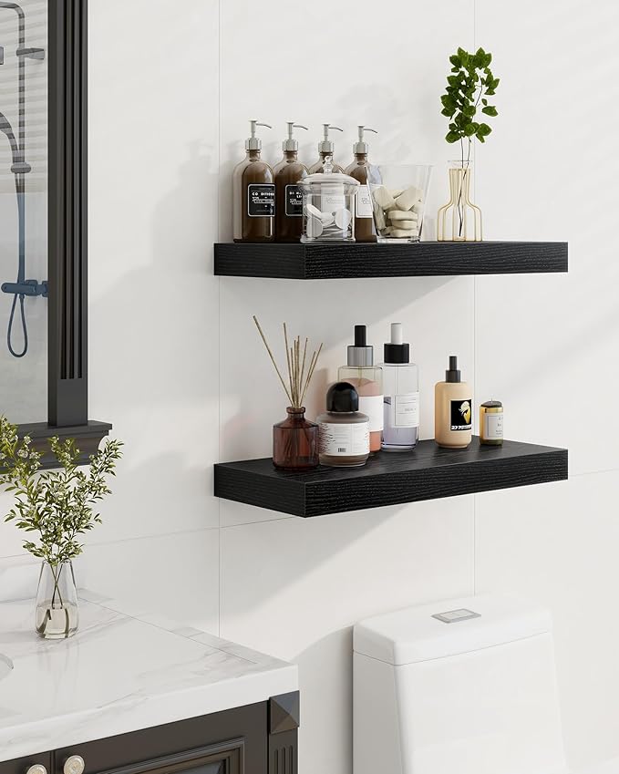 Marsmiles 30" Floating Shelves for Wall, Wooden Shelves with Invisible Brackets Set of 2, Rustic Farmhouse Wall Mounted Shelf for Kitchen Bathroom Living Room Study, Black
