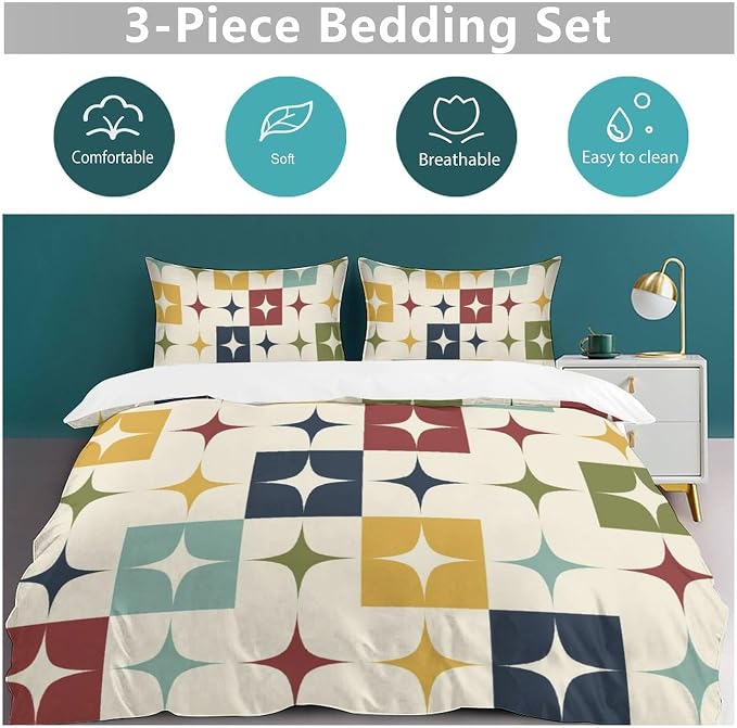 Mid Century Duvet Cover Sets Aesthetic Abstract Geometric Mid Century Retro Printed Lightweight Soft Quilt Cover Minimalist Soft Microfiber 3 Piece (1 Duvet Cover 68x86in + 2 Pillow Sham 20x30in)