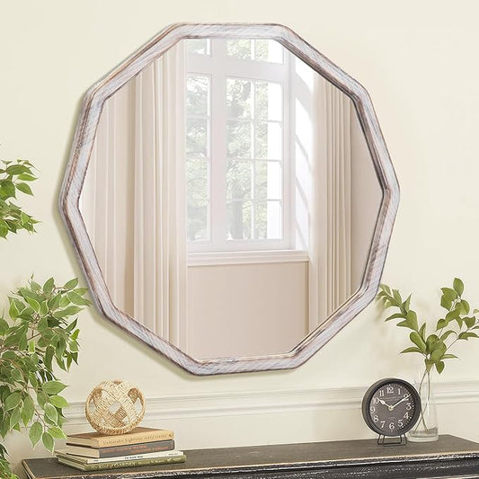 ULIKE White Wood Mirror for Wall, 24 Inch Rustic Farmhouse Mirror with Wood Frame, Decorative Wall Mounted Vanity Mirrors for Bathroom Bedroom Living Room Entryway