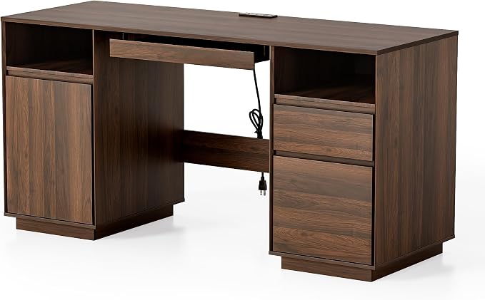 EYYTHUNG 59" Office Desk, Farmhouse Wide Home Executive Desk with File Drawer & Open Storage & Power Outlet, Wooden Computer Desk for Study Writing, Brown