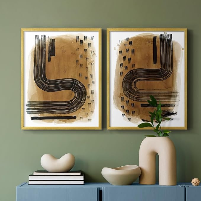 Renditions Gallery Set of 2 Peel & Stick Framed Prints, Abstract Wall Art, Hand Drawn Ink Curves Wall Decor, Re-Stickable - Ready to Hang - 8"x10" - GOLD Frame LT588