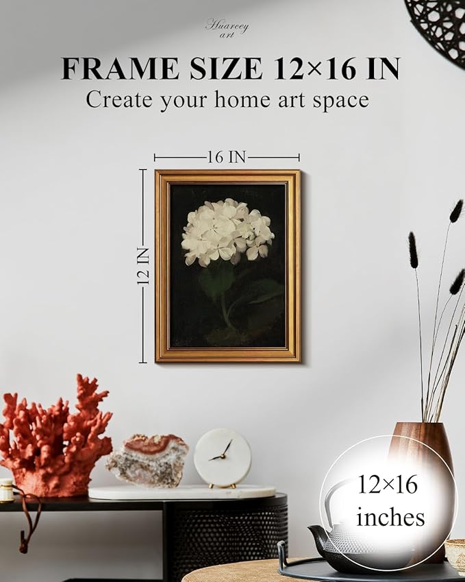 HUARCEY Gold Framed Vintage Wall Art: White Hydrangea by James Stuart Parker (12"x16") for Living Room, Bedroom, Kitchen & Office