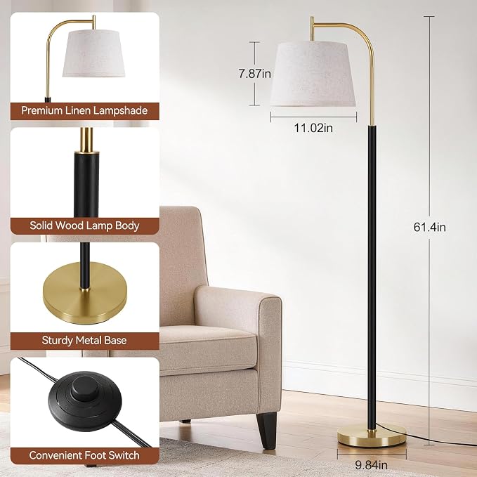 SUNMORY Wood Floor Lamp for Living Room, Mid Century Modern Floor Lamp with 3 Color Temperatures Bulb, Arc Standing Lamp with Adjustable Lampshade, Tall Reading Lamp for Bedroom, Corner, Office