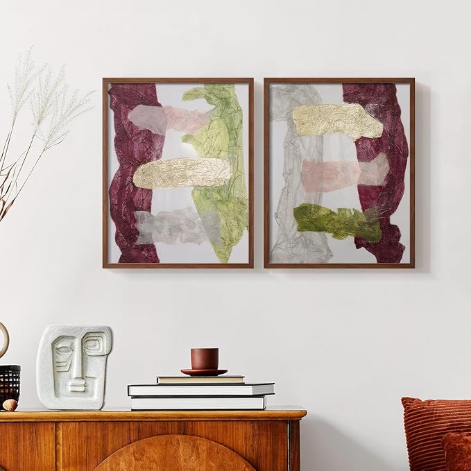Renditions Gallery Set of 2 Peel & Stick Framed Prints, Abstract Wall Art, Mix Color Dyed Textures Wall Decor, Re-Stickable - Ready to Hang - 11"x14" - Walnut Frame LT588