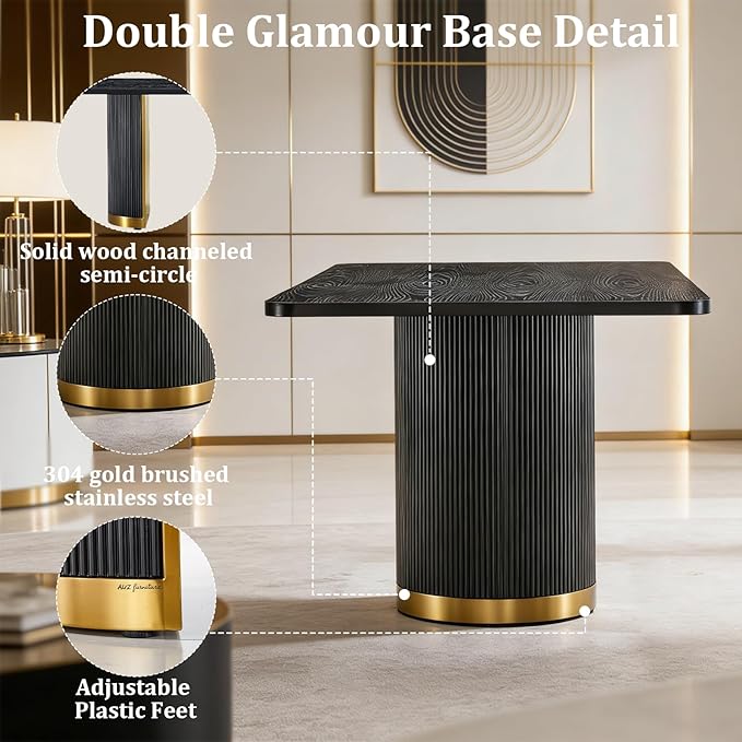 AUZ 70" Farmhouse Dining Table for 4-6, Black Oak Wood Rustic Kitchen Table with Fluted Base and Brushed Gold Accents, Large Rectangular Vintage Style Table (Black & Gold)