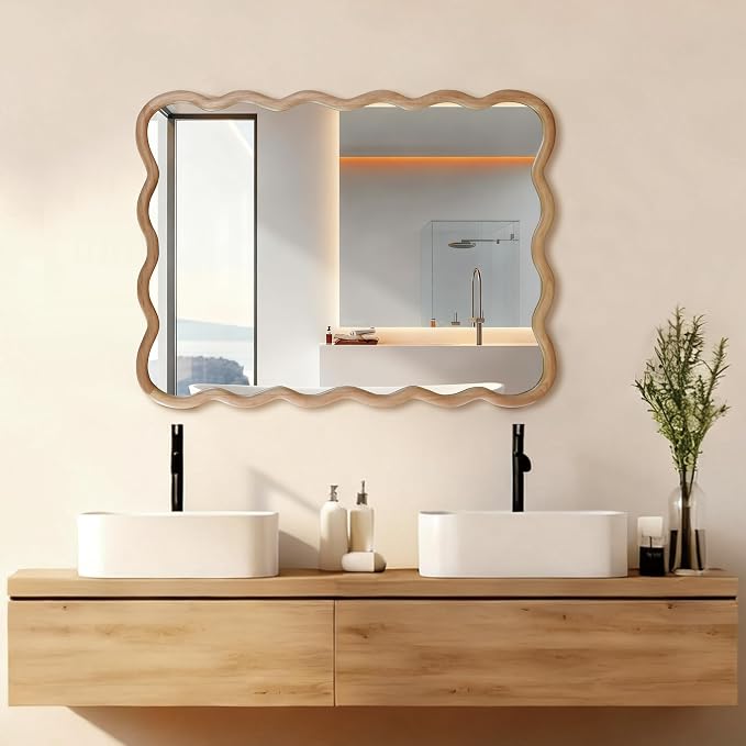 40x30 Inch Wooden Wavy Rectangle Wall Mirror, Modern Solid Wood Frame Decorative Accent Mirror for Bedroom, Bathroom, Living Room, Entryway, Natural Wood Color