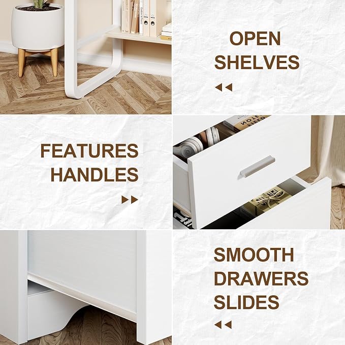 MaverickFurni White Desk with Drawers, 47 Inch Computer Desk with 3 Drawers for Bedroom, Study Desk with Drawers for Small Spaces, Bottom Shelves