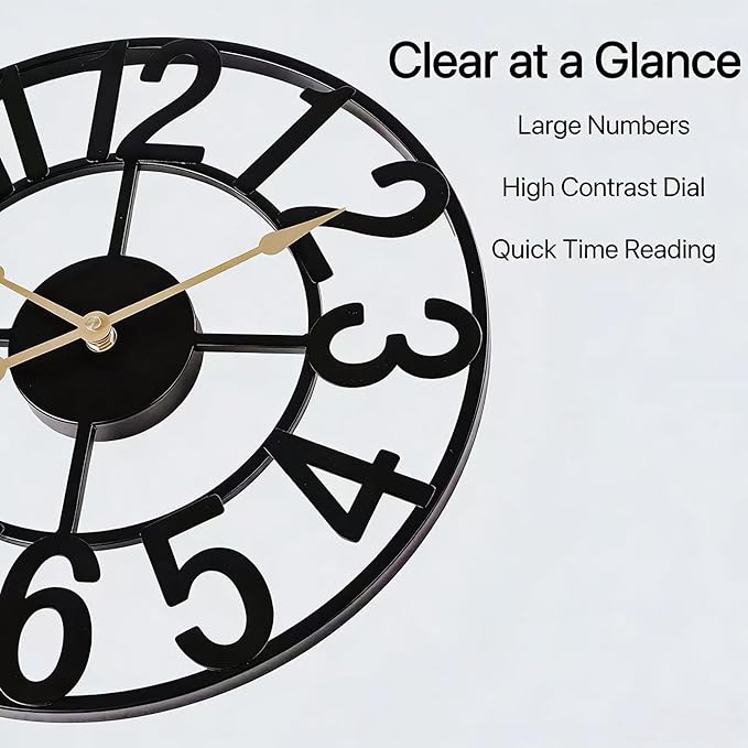 Wall Clocks for Living Room Decor, Large Wall Clock Silent Battery Operated, Rustic Industrial Farmhouse Black Metal Wall Clocks for Kitchen, Bedroom, Dining Room-24 in