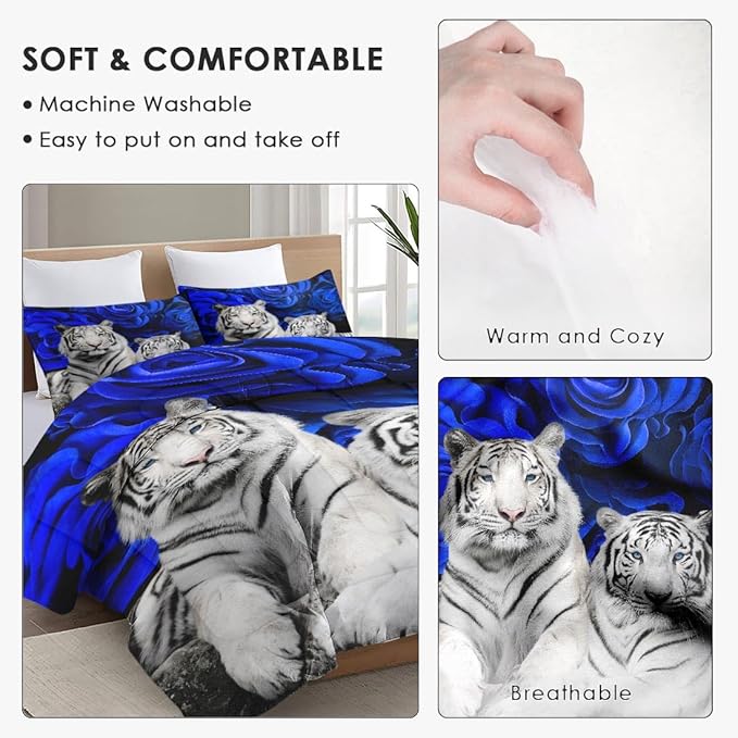 WeCozy Queen Size Comforter Set with 2 Pillowcases, White Tiger Animal Cat 3 Pcs Bedding for Kids and Adults, Blue Rose Flower Background Soft Comforter Set for Bedroom Bed Decor
