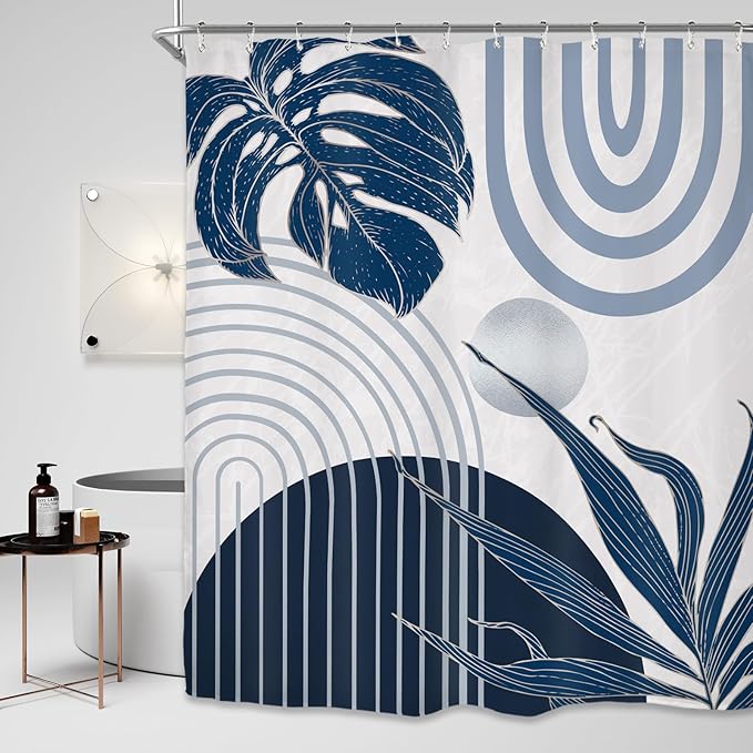 Miyotaa Abstract Blue Minimalist Shower Curtain Set 60Wx71H Inches Modern Aesthetic Mid Century Leaves Contemporary Neutral Plant Waterproof Bathroom Curtain with 12 Hooks