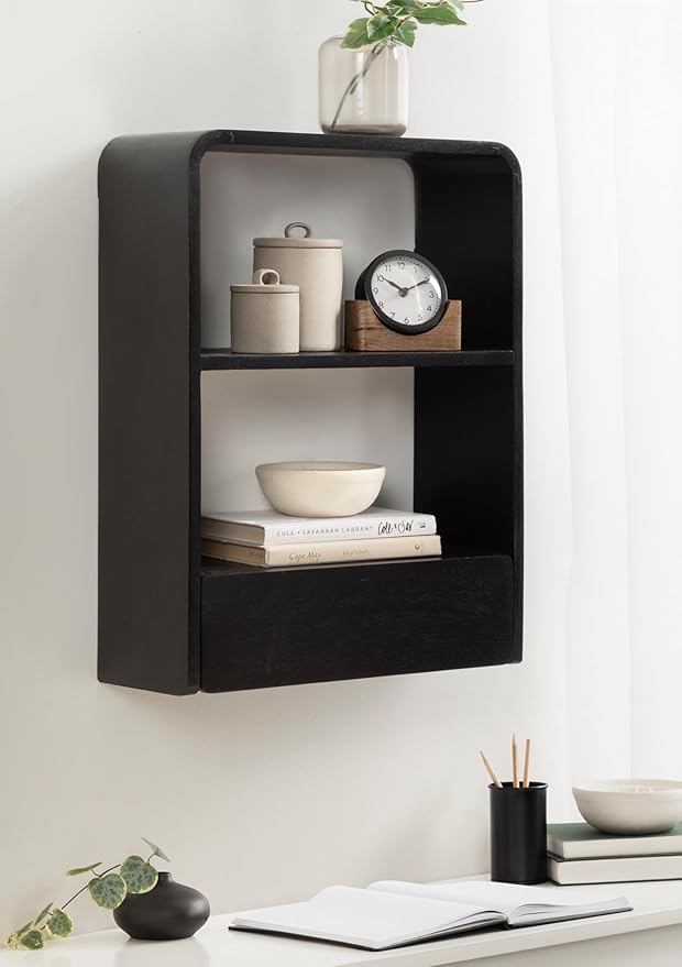 Kate and Laurel Kato Modern Wall Shelf with Drawer; 18 x 24; Black; Decorative Over The Toilet Shelf for Use as Bathroom Storage or Living Room Display Shelf