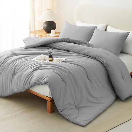 CozyLux King Size Comforter Set Grey, 3 Pieces Lightweight Down Alternative Quilted Bedding Sets, Gray All Season Soft Breathable Solid Comforter with 2 Pillowcases, Luxury Bed Set Gift for Home