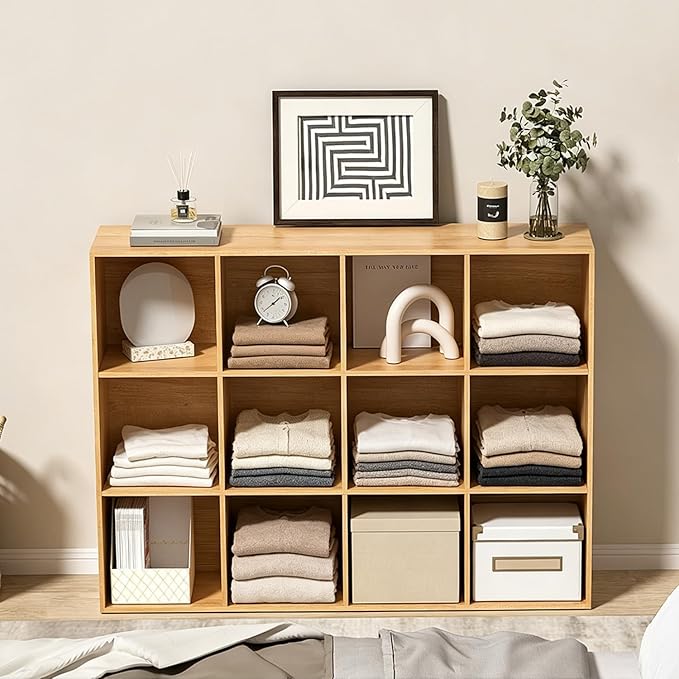 Wooden 12 Cube Storage Organizer with Closed Back Panel,Natural Oak Cube Shelf Cubby Storage Organizer with Compartments for Living,Bookshelf, Easy to Install (Oak, 12-Cube-11in)