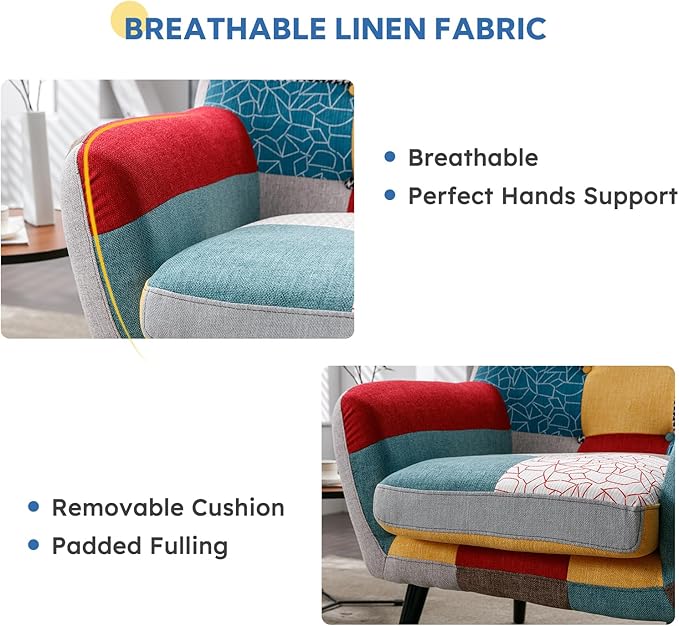 Bonzy Home Modern Accent Chair Set of 2 for Living Room, Colorful Boho Linen Fabric Upholstered Armchair with Wood Legs, 2 Single Chairs
