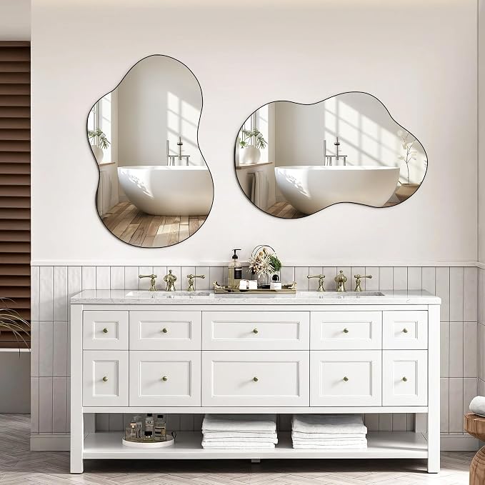 32"x20" Frameless Asymmetrical Irregular Bathroom Mirror, Wavy Vanity Wall Mirror for Modern Bathroom, Bedroom, Entryway, Living Room Decor