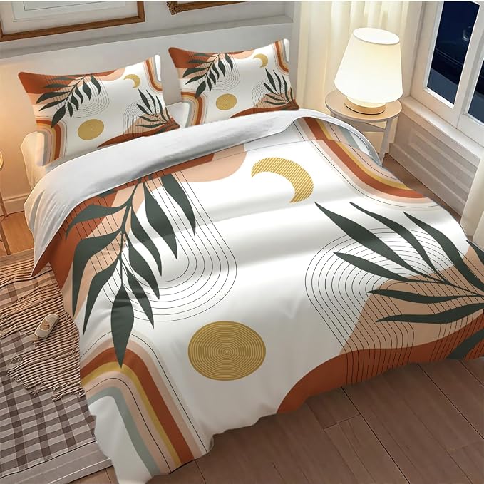 Boho Leaf Bedding Set,Mid Century Palm Tropical Leaf Abstract Geometric Modern Minimalism Comforter Set with Pillowcase for Bedroom Bed Decor,King 102"x90"