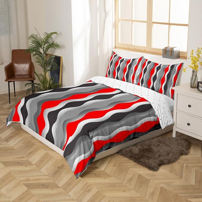 Red Black Grey Bedding Set Retro Geometric Comforter Cover Mid Century Modern Decor Duvet Cover for Kids Boys Girls Teens Abstract Stripe Breathable Bedspread Cover Room Decor King Size (No Comforter)