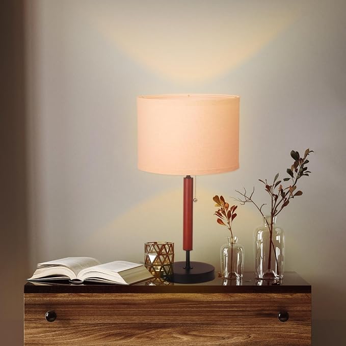 Mid Century Table Lamp, Farmhouse Desk Lamp with Pull Chain Switch&Linen Shade, Black Metal Bedside Lamp for Bedroom, Living Room, Office, Wood Finish(Black)