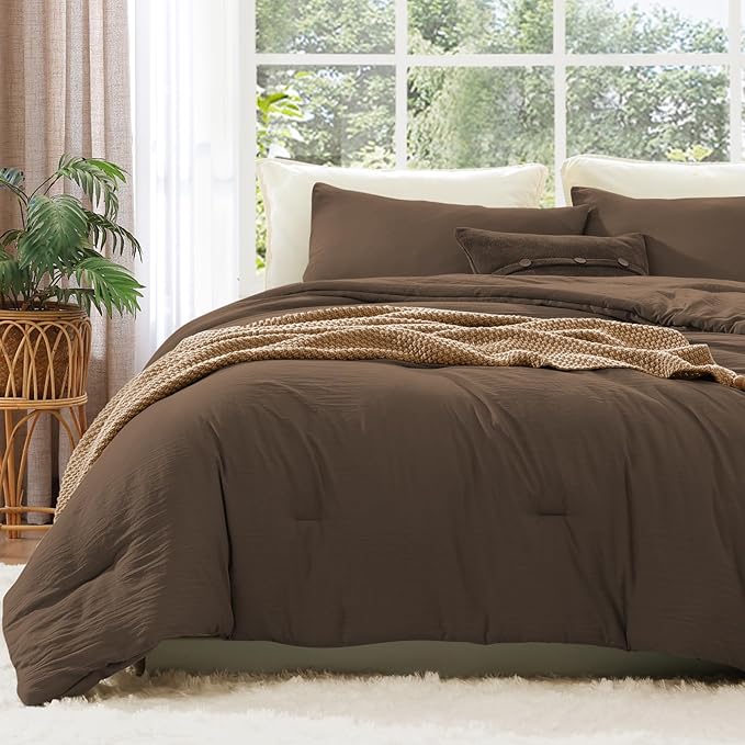 WRENSONGE Full Size Comforter Sets - 3 Pieces Chocolate Brown Comforter Prewashed Soft Lightweight for All Seasons, Fluffy Down Alternative Comforter Full Size with 2 Pillow Shams