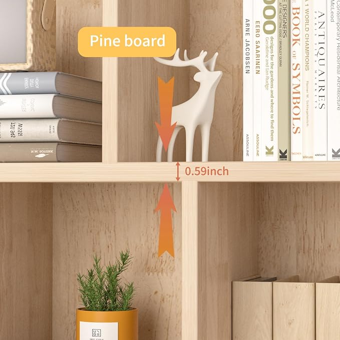 YZU Wood Book Shelf, 44” Wide Bookshelf Bookcase, 8 Cube Storage Organizer, Rustic Display Shelf, Home Office Furniture, Natural Wood (Natural B)