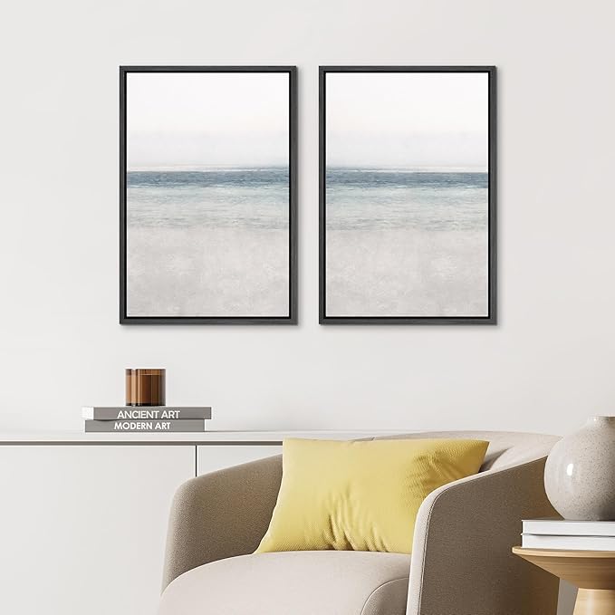 IDEA4WALL Framed Canvas Print Wall Art Set Abstract Beach Shore Ocean Wave Horizon Nature Wilderness Illustrations Modern Art Decorative Coastal Cottage Seascape Minimal for Bedroom - 16"x24"x2 Black