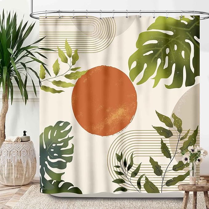 Boho Green Shower Curtain,Mid Century Tropical Plant Palm Leaves Abstract Minimalist Geometic Boho Modern Waterproof Fabric Bathroom Shower Curtain Set with Hooks,72x72Inch