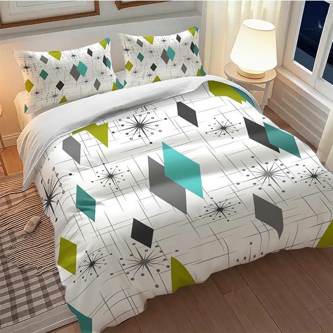 Mid Century Bedding Set,Retro Starbursts Abstract Green Grey Geometric Minimalist 1950s 60s Pattern Comforter Set with Pillowcase for Bedroom Bed Decor，Twin 86"x70"