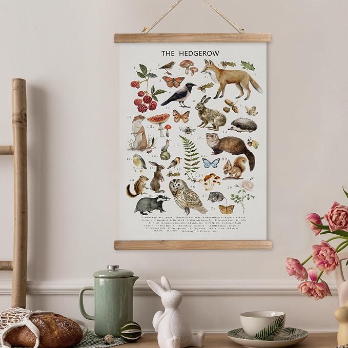 XIAOAIKA British Hedgerow Wildlife Educational Poster - Illustrated Nature Chart with Wooden Frame - Countryside Animals and Plants Wall Art for Home, School, or Nature Reserve Decor 16 x 23 Inches