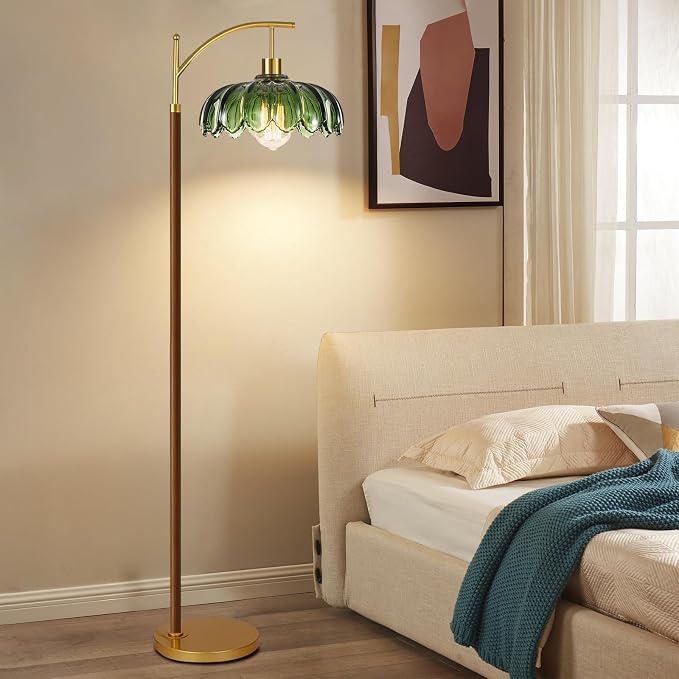 ILLMTW Wood Floor Lamp for Living Room,Bedroom,Glass Mid Century Modern Standing Lamp with Remote Dimmable,Vintage Gold Arc Tall Lamp Green Flower Lamp Shade Floor Lights Boho Bohemian Tiffany Style