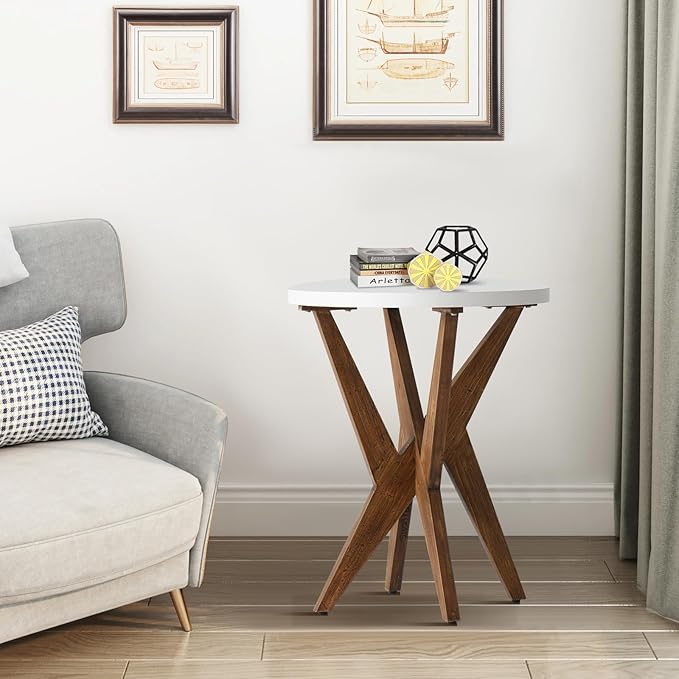 Modern Round End Table with Smooth White Top and Crossed Walnut Legs, Minimalist Accent Table for Living Room, Balcony, or Small Spaces, Easy Assembly Bedside Table, White Walnut