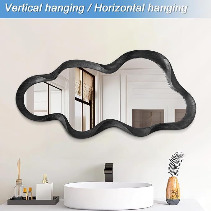 Irregular Wooden Framed Wall Mirror Modern Asymmetrical Cloud Hanging Mirror Artistic Mirror Decor Bathroom Vanity Bedroom Living Room Entryway Hallway Large 47" x 22" Black