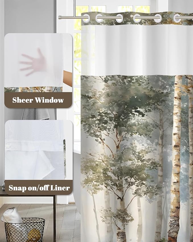No Hook Bathroom Shower Curtain and Liner Set, Birch Tree Forest Print Double Layer Waterproof Fabric Bath Tub Curtain with Snap in Liner, See Through Top, 71 x 74 Inch