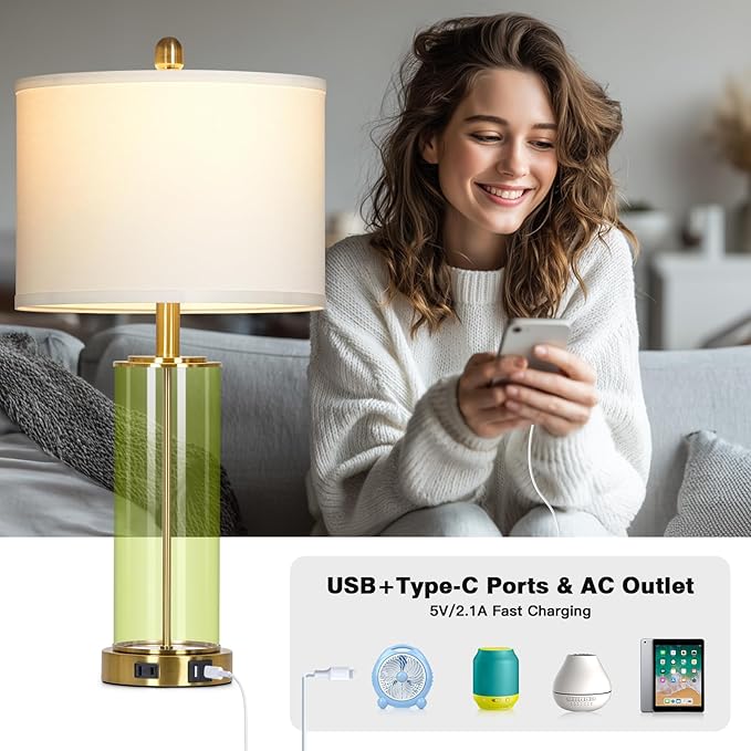 Ruzectt 26" Green Glass Table Lamps for Bedside, Modern Living Room Lamps Set of 2, Elegant Coastal Bedroom Lamp with USB A+C Ports & AC Outlet, 3-Way Dimmable Touch Lamp for Nightstand Dining Table