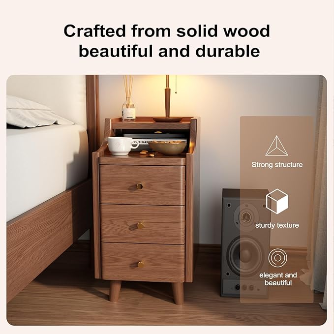 Solid Wood Narrow Nightstand with Drawers,Walnut Nightstand Wood Bedside Table Modern for Bedroom,Study,Toilet