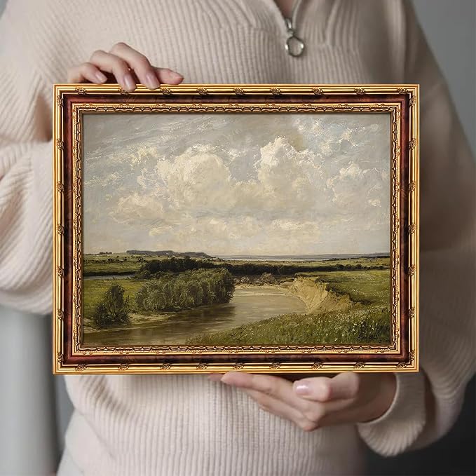 dzbLuck Vintage River Landscape Wall Art with Gold Antique Frame, Classic Farmhouse Painting Print, Rustic Country River Scene Picture Wall Decor 8×10 Inch